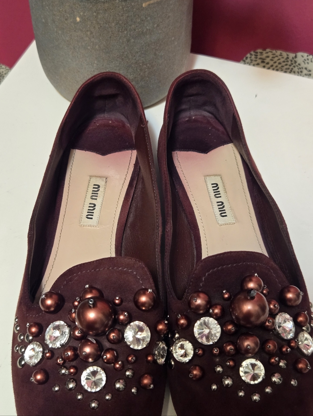 Miu Miu Embellished Burgundy Suede Women's Ballet Flats Loafers Size 40 IT 9 US - Picture 4 of 11